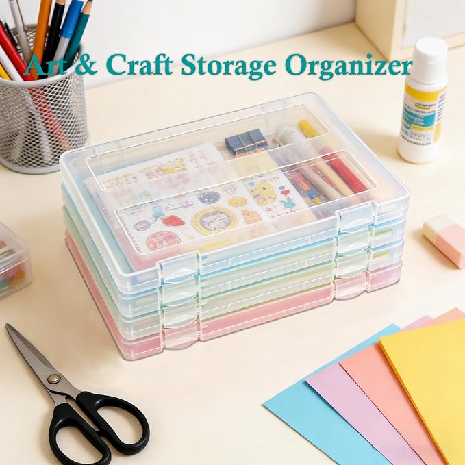 4 Pack Paper Storage Box, Plastic Scrapbook Paper Organizer for A4, 8.5" x 11" Letter, Board Game Storage Containers for File, Craft and Arts Supplies, Puzzle, Document, 8" x 10" Photo