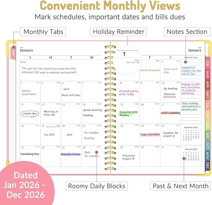 Forvencer 2026 Planner, Hardcover Calendar Planner Weekly and Monthly, Jan 2026 - Dec 2026, 6" x 8", Spiral Agenda Book with Tabs, Exquisite Daily Journal Organizer for Home School, Black