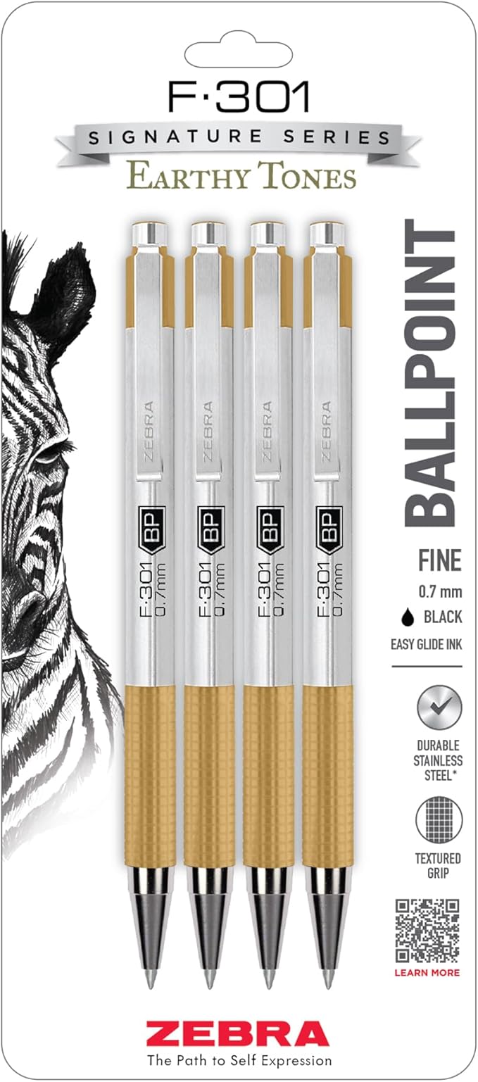 Zebra Pen F-301 Signature Series Retractable Ballpoint Pen, 0.7mm, Black Easy-Glide Ink, Stainless-Steel Barrel, Sandstone Earth Tone Accents, Ideal for Office, Journal and Planner Use, 4-Pack (27254)