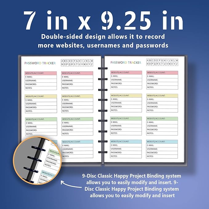 Insert for 9-Disc Classic, Color Password Tracke，Pre-punched Inserts, Refill Calendar