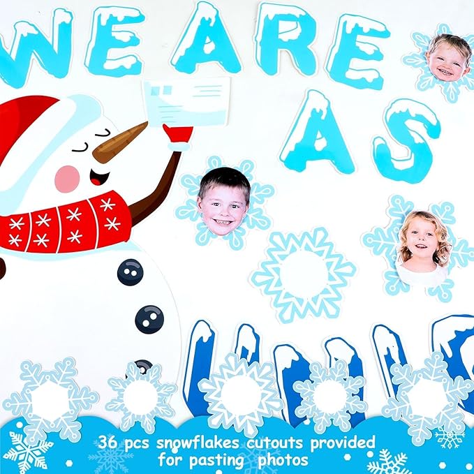Winter Bulletin Board Decorations Snowflake Snowman Cutouts DIY Photo Craft We Are As Unique As Snowflakes Classroom Decor for Xmas Winter Season Christmas Holiday Home School Wall Door Party Supplies