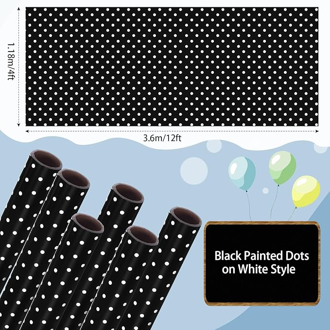 Skyygemm 6 Rolls Classroom Bulletin Board Paper Roll Polka Dot 4 x 12 ft Fade Resistant Colored Background Paper Bulk for Art Decor Drawing Craft(Black)
