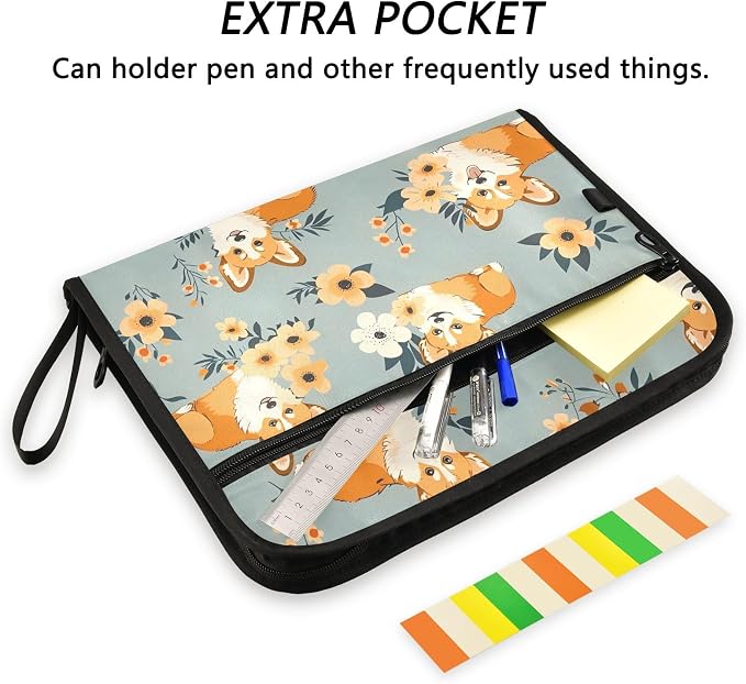 Expanding File Folder Corgi Flower Cute Accordion File Organizer 13 Pockets Document Organizer with Zipper Labels A4 Letter Office Storage