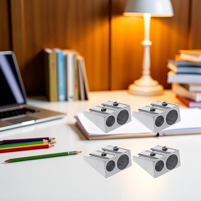 4Pcs Silver Magnesium Pencil Sharpener, Magnesium Metal Manual, Double Holes Rectangular, Handheld Pencil Sharpener, Writing and Correction Supplies