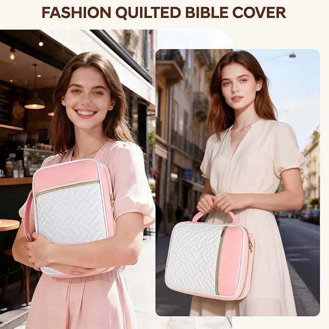 Bible Cover Case for Women, Quilted Large PU Leather Bible Carrying Book Case with Handle, Bible Bag Study Supplies Bible Carrier & Christian Gift for Women (Pinkish White)