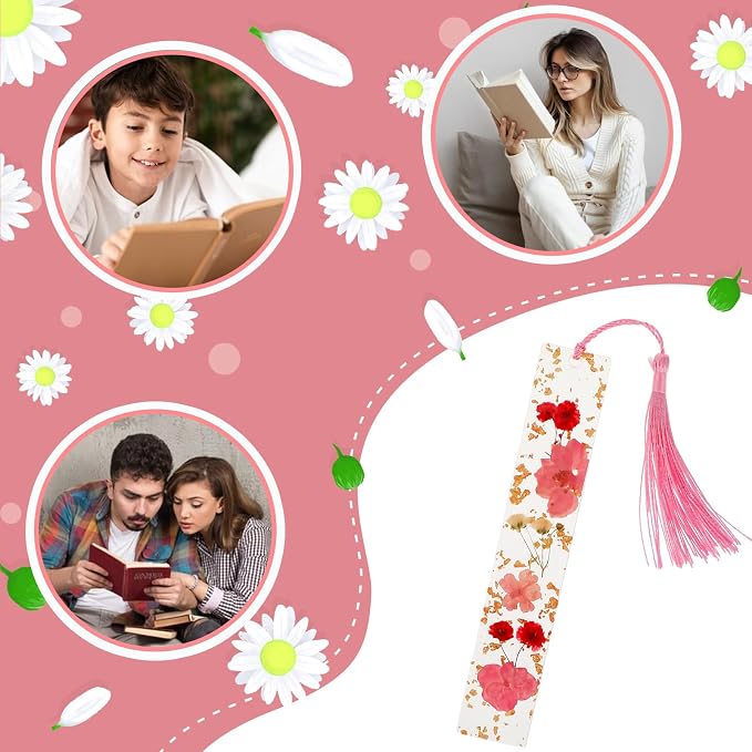 Dimeho Dried Flower Book Marks Tassels Clear Floral Bookmarks Durable Handmade Cute Resin Page Markers Pretty Book Marking Holder Gift for Christmas Bookworms Book Lovers Women(Pink)