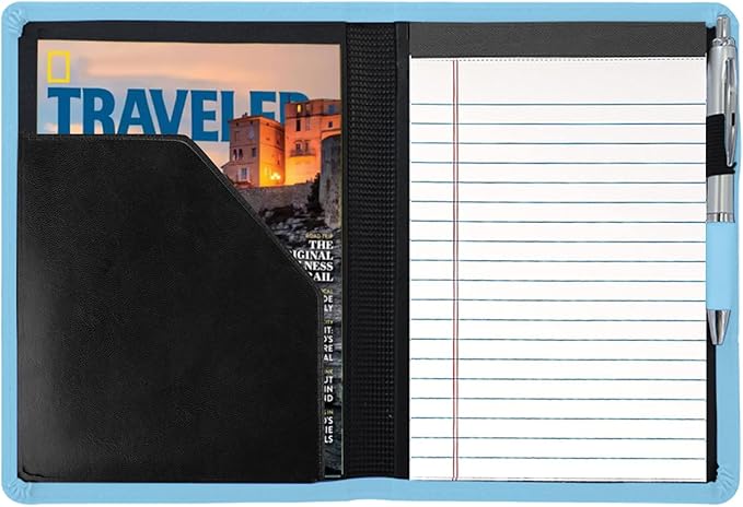 Classic Padfolio/Junior Portfolio Folder Case, Business A5 Binder Organizer Notepad for Men Women, 5 x 8 Writing Pad Included, Sky Blue