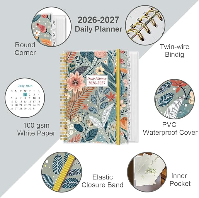 2026-2027 Daily & Monthly Planner - One Page Per Day, Daily Planner from July 2026 - June 2027, Planner 2026-2027 with 12 Monthly Tabs, 8.5" x 11", Flower-A