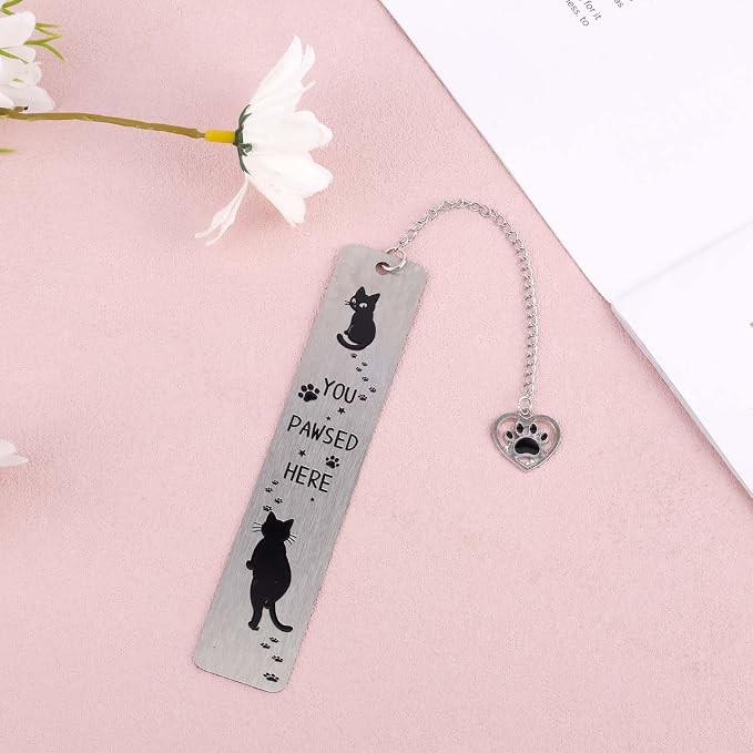 Cat Bookmark, 12.9x2.5cm/5.08x0.98in Zinc Alloy Adorable Metal Cute Funny Black Animal Paw Prints Reading Book Marks Marker Bookmarker for Teacher Student Friend Women Book Lovers Gift Accessories