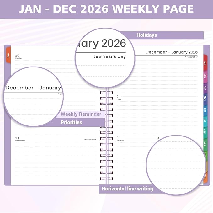2026 Planner - 2026 Planner Weekly and Monthly from Jan. 2026 - Dec. 2026, Calendar Planners 2026 with Inner Pocket, Colorful Tabs, Planners for Women, 8.5" x 6.4" - Purple