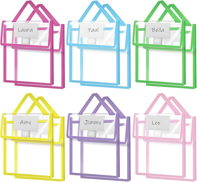 Teling 12 Pack Thick Clear Book Pouches with Blank Name Tags and Handles Book Baggies Bags Bins Organizer for School Classroom Library Pockets Students (10 x 12 Inch,Vivid Colors)
