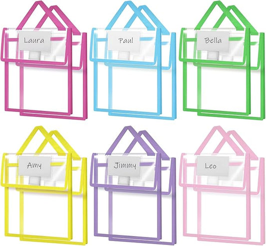 Teling 12 Pack 10 x 12 Inch Clear Book Pouches with Handles and Name Tags, Heavy Duty Reusable Library Book Bags for Classroom, Students Kids and Teacher Supplies (Vivid Colors)