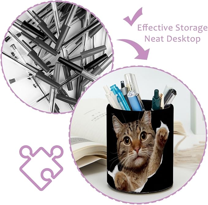 Leather Pen Holder for Desk, Cat Makeup Brushes Holder Pencil Cup Multifunctional Desktop Organizer Caddy for Home School Office Desk Accessories