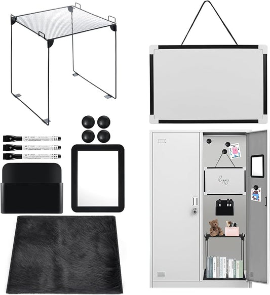 12 Pcs Locker Organizer and Decorating Kit, First Day of School Essentials for Girl Marble Print Whiteboard with Markers Locker Shelf Plush Area Rug String Light Mirror Magnetic Cup and Magnet (Black)