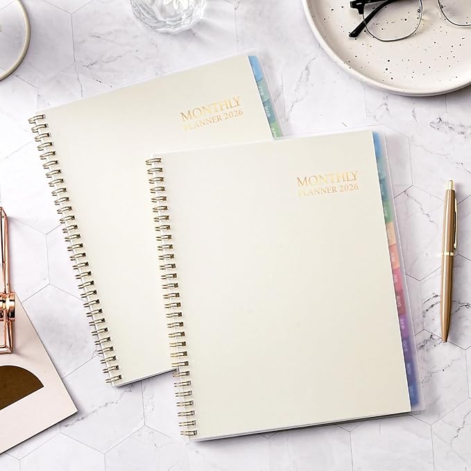 2026 Monthly Planner - Monthly Calendar 2026, 8'' x 10'', Transparent PP Cover, Colorful 12 Months Tabs, JAN 2026-DEC 2026, 2026 Calendar Planner with 2-Sides Pockets - Off white