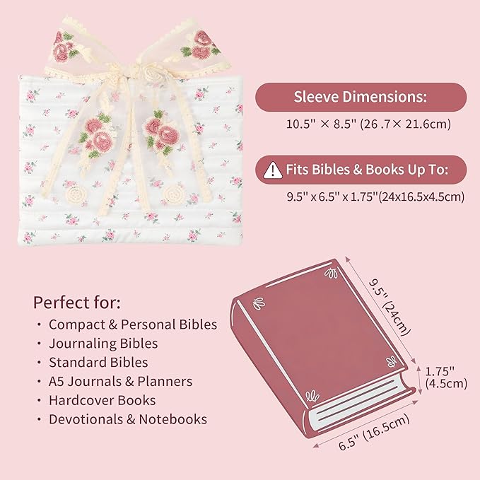 Vintage Pink Rose Quilted Bible Book Bag Cover for Women – Fits Standard Size Bibles Padded Protector Washable Cotton Bag with Elegant Lace Handle with Interior Zipper Pocket