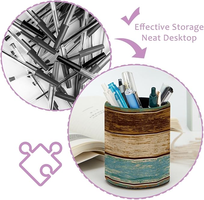 Pencil Holder, Retro Rustic Barn Wood&Teal Green Brown Pen Holder for Desk Leather Pencil Organizer Makeup Brush Cup Multifunctional Desk Organizer Office Supplies for Home School