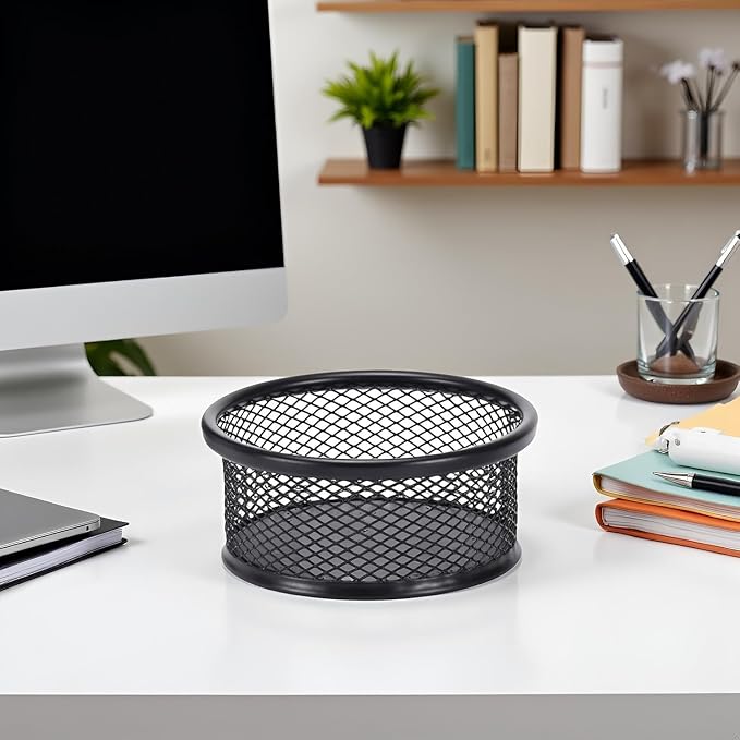 Black Metal Mesh Desk Organizer - Multi-Purpose Clip Holder for Office and School Supplies, Paperclip/Binder Clip Dispenser with Non-Slip Base (Home Office, Classroom, Study Desk Accessories)