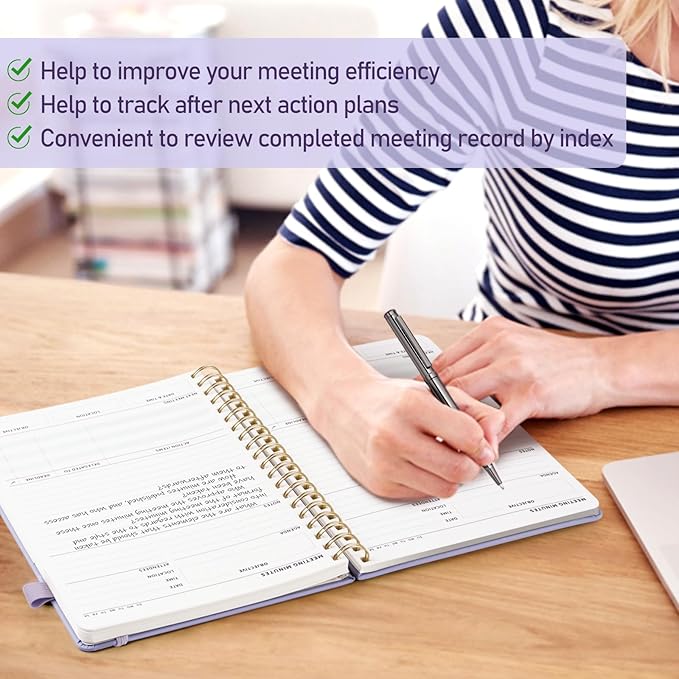 WEMATE Meeting Notebook for Work B5 (7"x10") - PU Leather Work Notebook with Agenda, Action Items & Notes - 200 Pages for Men&Women, Staff and Students, Meeting, Projects Planning - Light Purple