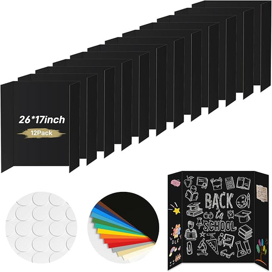 PSHVYM 12 Pcs Black Trifold Poster Board, 26 x 17 inches with Double Sided Tapes and Cardboard, Corrugated Presentation/Display Board for School Project, Science Fair, Business