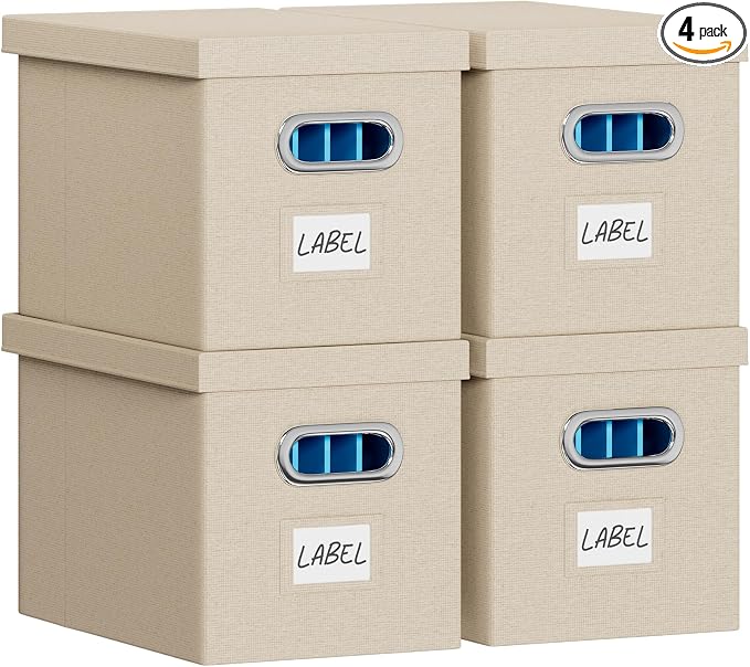 FHSQX File Box with Lid-File Organizer Box Set of 2 Portable Hanging File Box-Decorative Filing Storage Boxes for Office & Home File Cabinet (Beige, 14 x 9.3 x 10.9 in (4Pack))