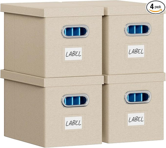 FHSQX File Box with Lid-File Organizer Box Set of 2 Portable Hanging File Box-Decorative Filing Storage Boxes for Office & Home File Cabinet (Beige, 14 x 9.3 x 10.9 in (4Pack))
