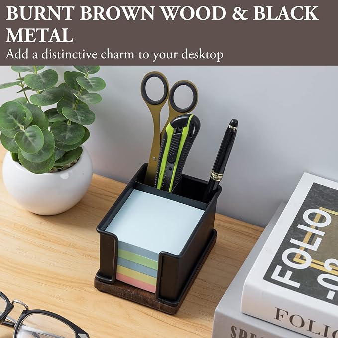 MyGift Modern Industrial Matte Black Metal Office Stationery Organizer with Sticky Note Holder, 2 Pen Storage Compartments and Rustic Burnt Solid Wood Base