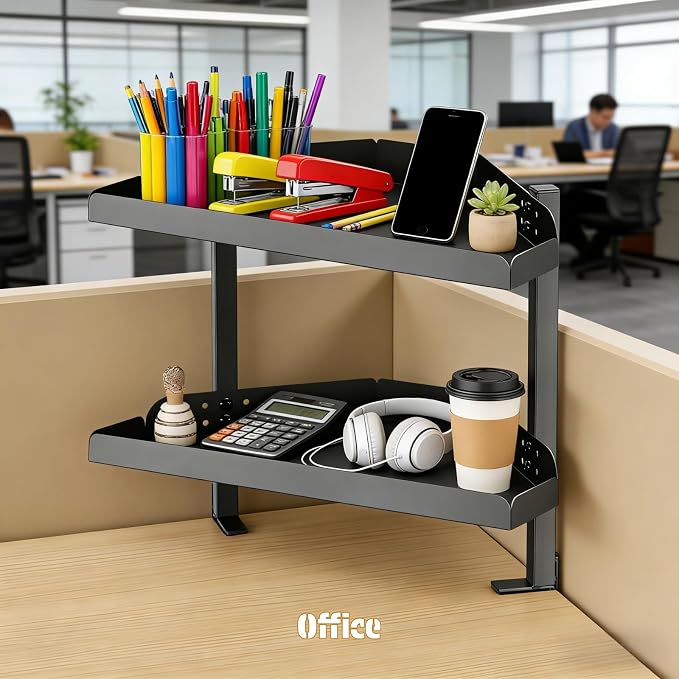 CanKing Desk Clamp Corner Shelf 16 Inch Metal Organizer 2 Tier Adjustable Storage Rack Fits on or Under Table for Desktop Accessories Tray