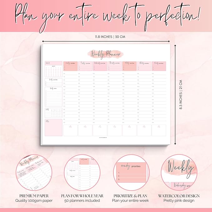 Weekly Hourly Planner Notepad, Daily Planner Desk Pad, Weekly Schedule, To Do List Note Pad, ADHD Planner | 50 Undated Tear Away Sheets | A4 (Pink)