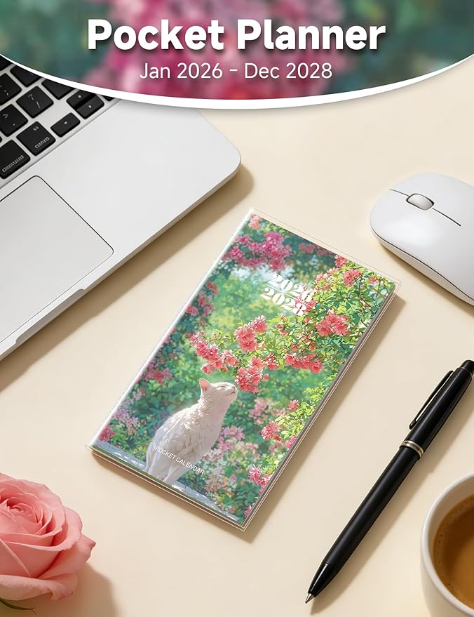 Pocket Calendar 2026-2028 Animal Series, Monthly Planner Jan 2026 to Jul 2028 (3.7" x 6.7") Perfect Purse Calendar, Pocket Agenda with Protective Plastic Sleeve- Blossom Cat