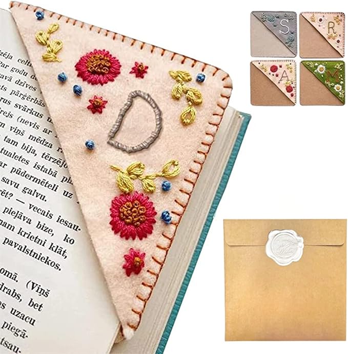 Personalized Hand Embroidered Corner Bookmark, 26 Letters Hand Stitched Felt Corner Letter Bookmark, Cute Flower Embroidery Bookmarks for Book Reading Lovers Meaningful Gift (Fall，D