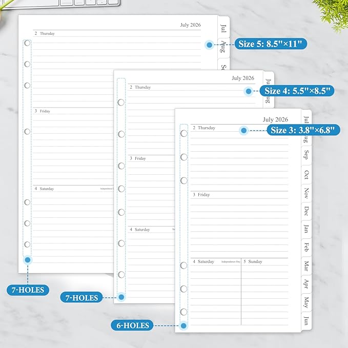 2026-2027 Weekly & Monthly Planner Refill, A4 Letter Size Inserts for 3 Ring Binder, Size 5, 8.5"x11", July 2026 - June 2027, 7/3-Hole Punched