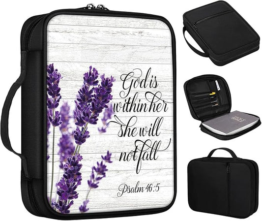 Lavender Bible Cover with Verses, Handle and Zippered Pocket - Standard Size Bible Case for Women Gifts, Church, Study