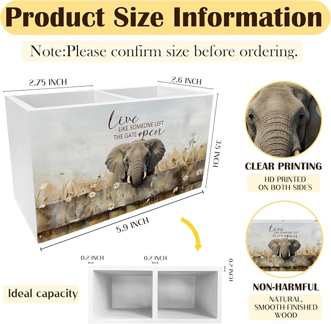 Rustic Elephant Pen Holder for Desk, Elephant Lover Gifts Pencil Organizer, Live Like Someone Left the Gate Wooden Box Sign Desk Decor for Farmhouse Home Office Decoration