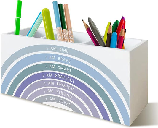 Blue Boho Rainbow Positive Affirmations Pen Pencil Holder for School Classroom Office Desk, Book Center Calming Corner Playroom Decor, Inspirational Makeup Brush Toothbrush Holder Organizer