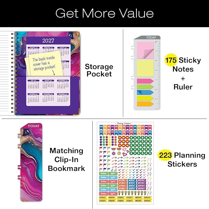 HARDCOVER Academic Year 2026-2027 Planner: 14 Months (May 2026 Through June 2027) 8.5"x 11" Daily Weekly Monthly Planner Yearly Agenda. Bookmark, Pocket Folder and Sticky Note Set (Pink Purple Marble)