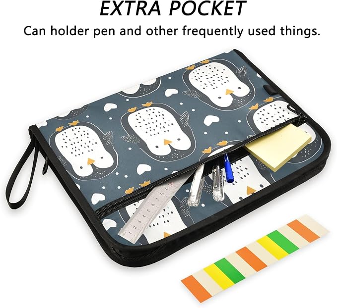 Expanding File Folder Cute Penguin Blue Accordion File Organizer 13 Pockets Document Organizer with Zipper Labels A4 Letter Office Storage