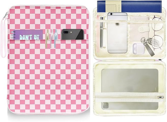 Book Pouch, Book Sleeve with Strape Zipper and Extra Sleeve Pocket Paperback Hardcover Protector, PU Leather Waterproof for Girls, Teacher, Students-Pink Checkered
