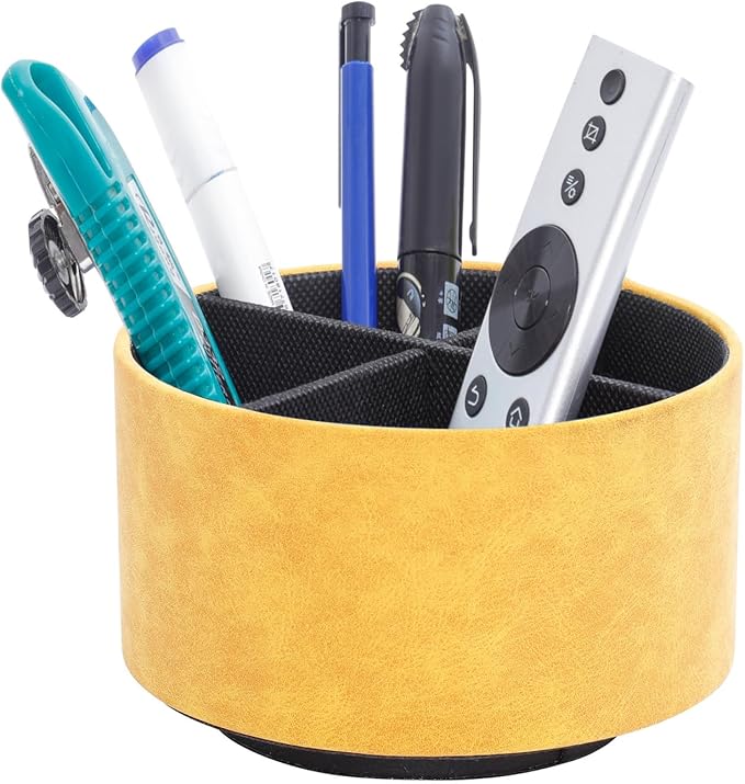 Remote Control Holder For Table, 360 Degree Spinning Desk Organizer For Bedside Night Stand, TV Remote Caddy with 4 Compartments, Office Rotating Pen Holder Yellow PH126