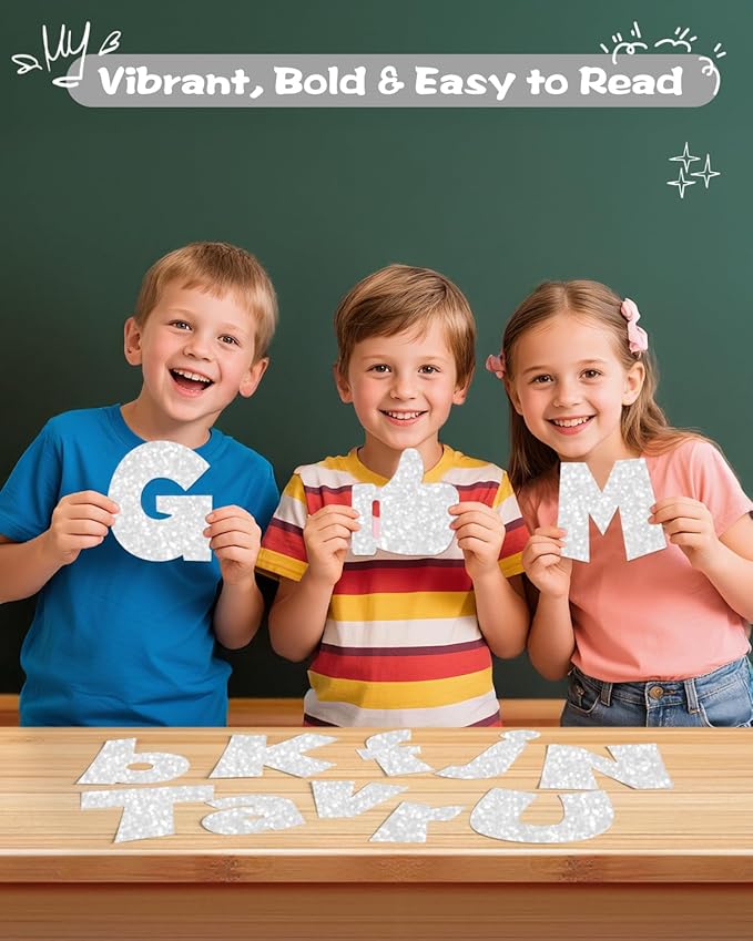 249 Pcs Glitter Bulletin Board Letters Numbers and Punctuation, 4 Inch Alphabet Poster Board Cardboard Letter Cutouts with Adhesive Dots for Classroom Bulletin Board School Decorations (Sliver)