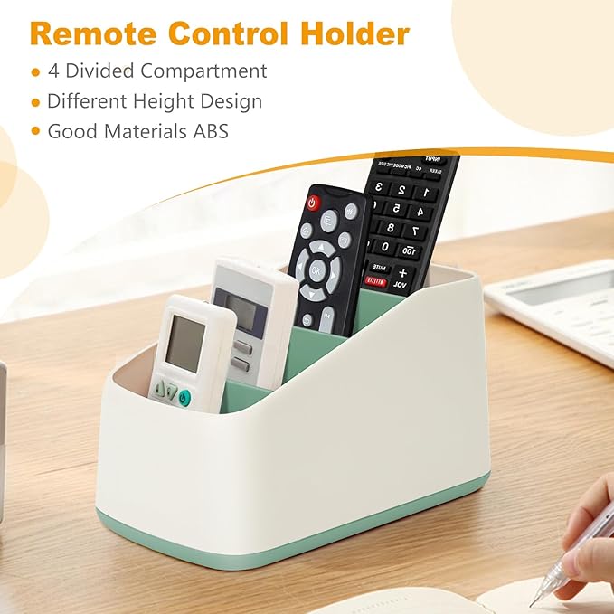 TV Remote Control Holder Organizer Box with 4 Compartments Remote Caddy Tray Table Desk Desktop Storage Organizer for Media Player，Makeup Brush,Pencil,Glassees，Office Supplies（Green）