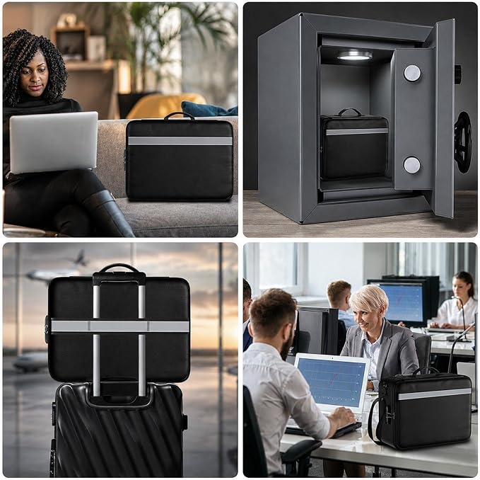 Fireproof Document Box with Lock, 5200°F Heat Insulated & Water-Resistant File Organizer, Portable Soft-Shell Storage Box for Important Documents, Passports, 14" Laptop (14.7"x11.2"x5.3")