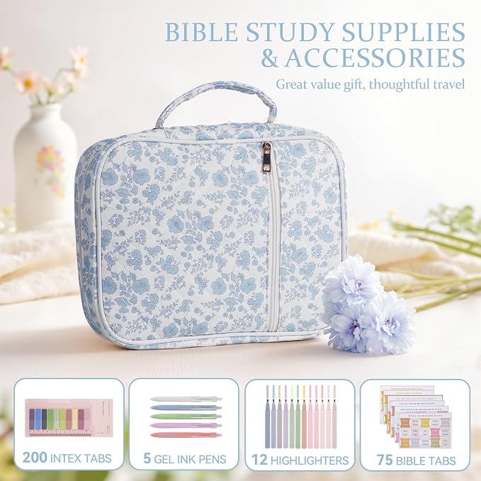 Bible Cover Case for Women Large Quilted Bible Carrying Bag with Handles Bible Study Supplies & Accessories Christian Gifts for Women(Blue Flower, M)
