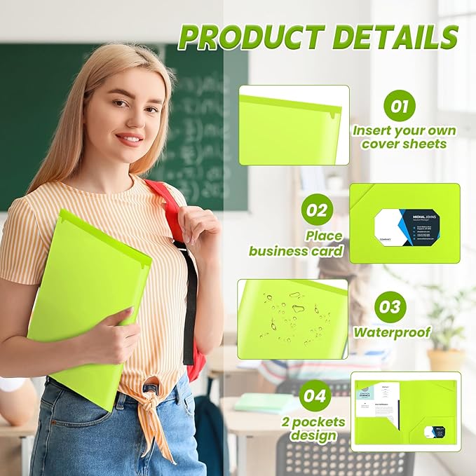 Henoyso 18 Pack Fluorescent Green Plastic Folders with Clear Front Pockets Heavy Duty File Folders with 2 Pockets and Card Slot for Student Communication School Office Presentation Report