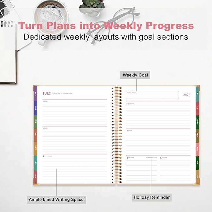 CAGIE Planner 2026-2027, 18 Month Weekly and Monthly Planner, Marble Design Calendar with Tabs, Jul 2026–Dec 2027, Large 8.5" x 11" A4 Hardcover Spiral Agenda Planner for Home, Work, School and Teacher (Pink）