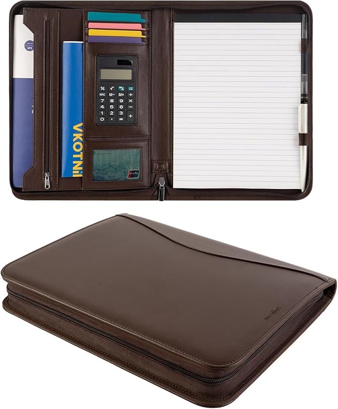 Professional Padfolio with Calculator,Faux Leather Portfolio Folder Binder,Letter Size A4 Legal Writing Pad Holder for Business School Office Conference Notepad Clip Boards(Brown)