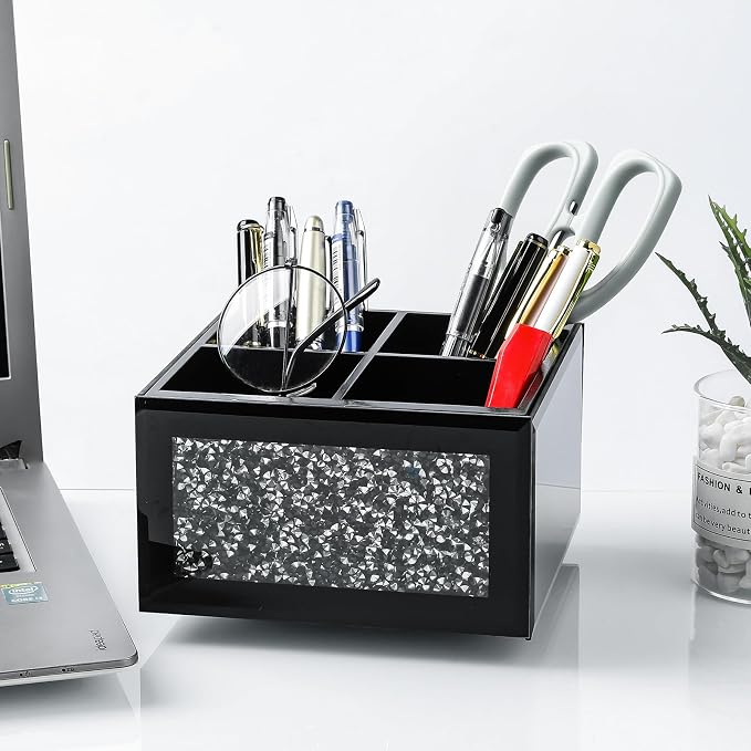 Black 360 Rotating Remote Control Holder, Crushed Diamond TV Remote Controller Holder for Table, Desk Organizer for Pens and Pencils, Make Up Brushes, Remote Caddy Storage