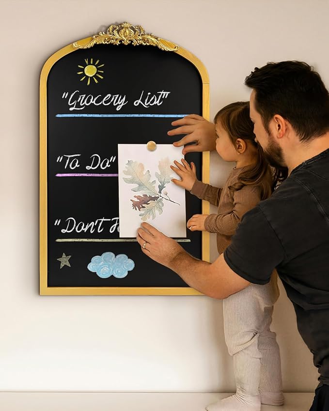 OKYDOKY Arch Chalkboard; 19 x 31 Framed Arched Ornate Vintage Magnetic Chalkboard, Gold Pine Wood Fram, Ideal as a Motivational Vision Board or Wall Organizer