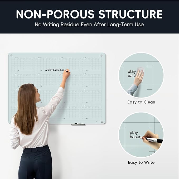 Magnetic Glass Yearly Calendar Whiteboard - Glass Dry Erase Board 48"x36" Large Frameless Glass Board for Walls Office School and Home