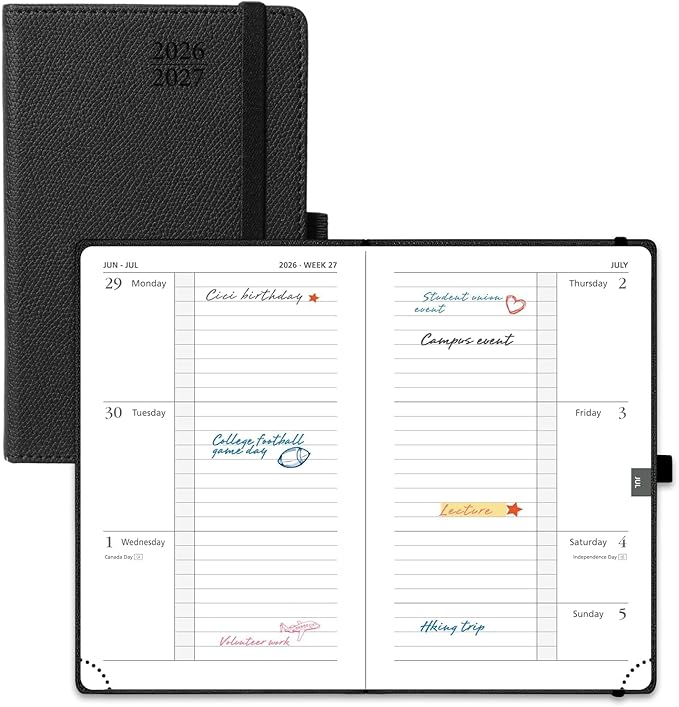 POPRUN 2026-2027 Pocket Weekly Planner Calendar, Size 4'' x 6.25'', Academic Planner (Jul 2026 - Jun 2027) Horizontal Layout with Lined Sections, Leather Hardcover, 100GSM Paper - Black